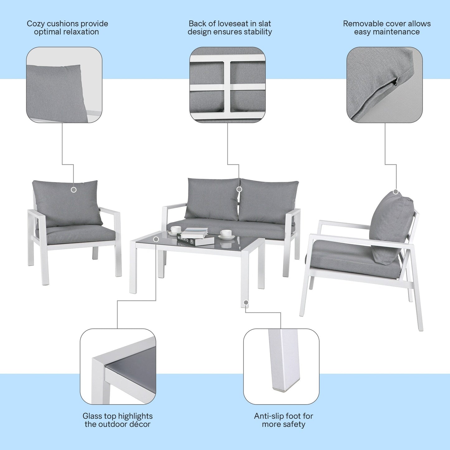 Ensemble de conversation d'extérieur 4 pièces en aluminium rembourré