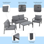 Ensemble de conversation d'extérieur 4 pièces en aluminium rembourré