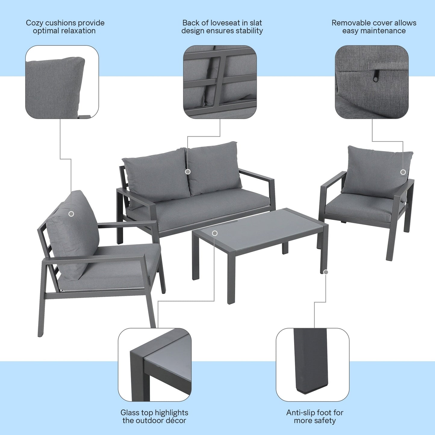 Ensemble de conversation d'extérieur 4 pièces en aluminium rembourré