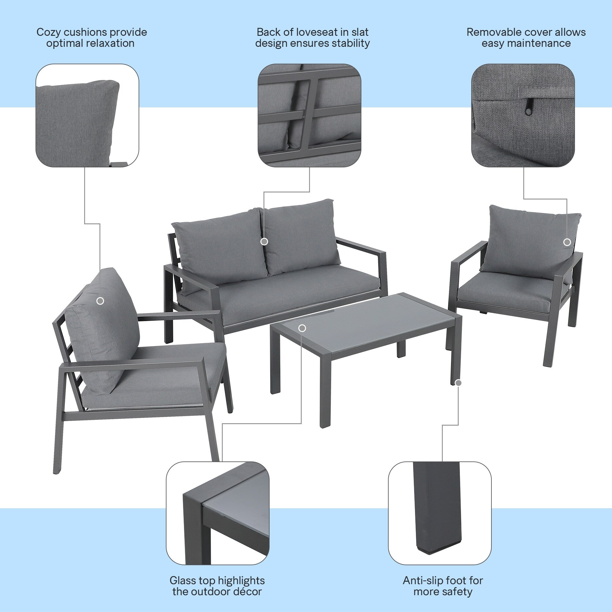 Ensemble de conversation d'extérieur 4 pièces en aluminium rembourré