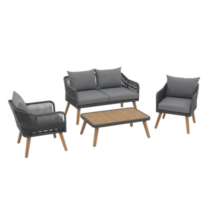 Ensemble de conversation d'extérieur 4 pièces en corde avec coussins