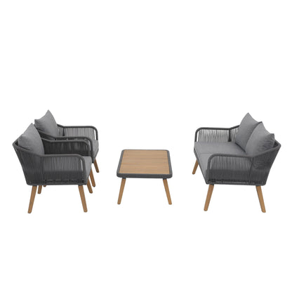 Ensemble de conversation d'extérieur 4 pièces en corde avec coussins