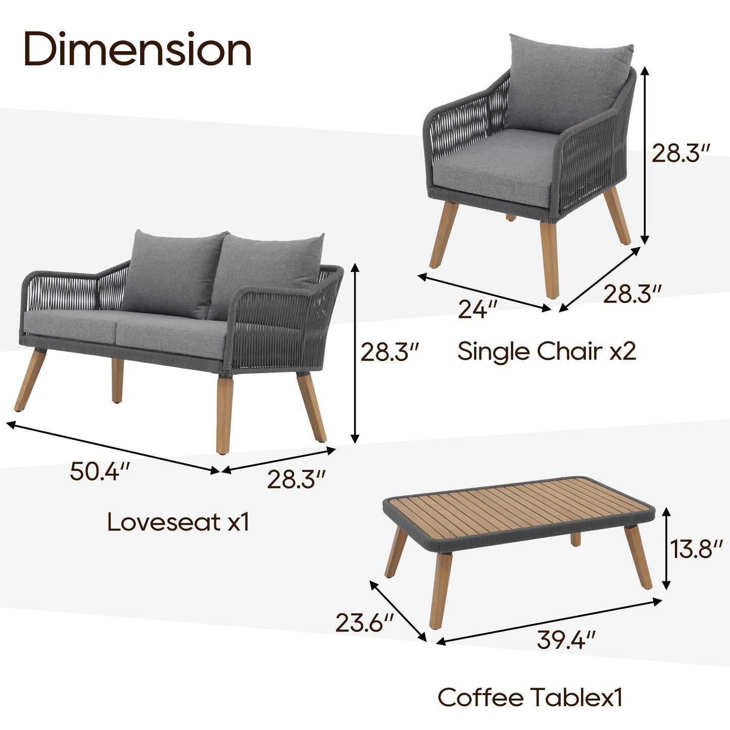 Ensemble de conversation d'extérieur 4 pièces en corde avec coussins