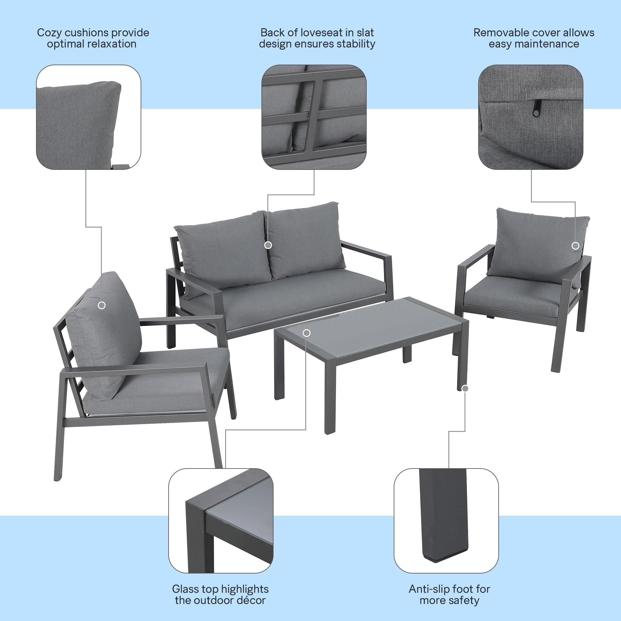 Ensemble de conversation d'extérieur 4 pièces en aluminium rembourré