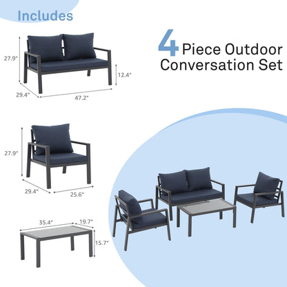 Ensemble de conversation d'extérieur 4 pièces en aluminium rembourré