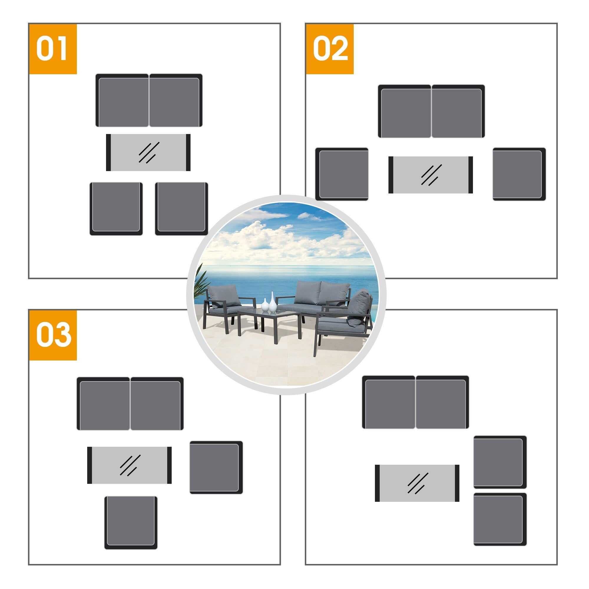 Ensemble de conversation d'extérieur 4 pièces en aluminium rembourré