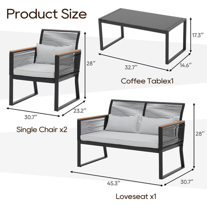 Ensemble de conversation extérieur en osier 4 pièces pour patio