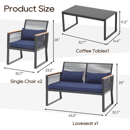 Ensemble de conversation extérieur en osier 4 pièces pour patio