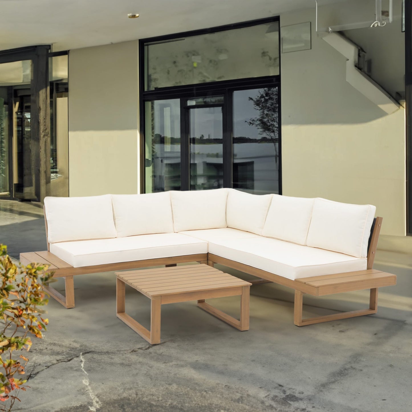 Ensemble de canapés d'extérieur sectionnels en bois d'acacia en forme de V, 4 pièces