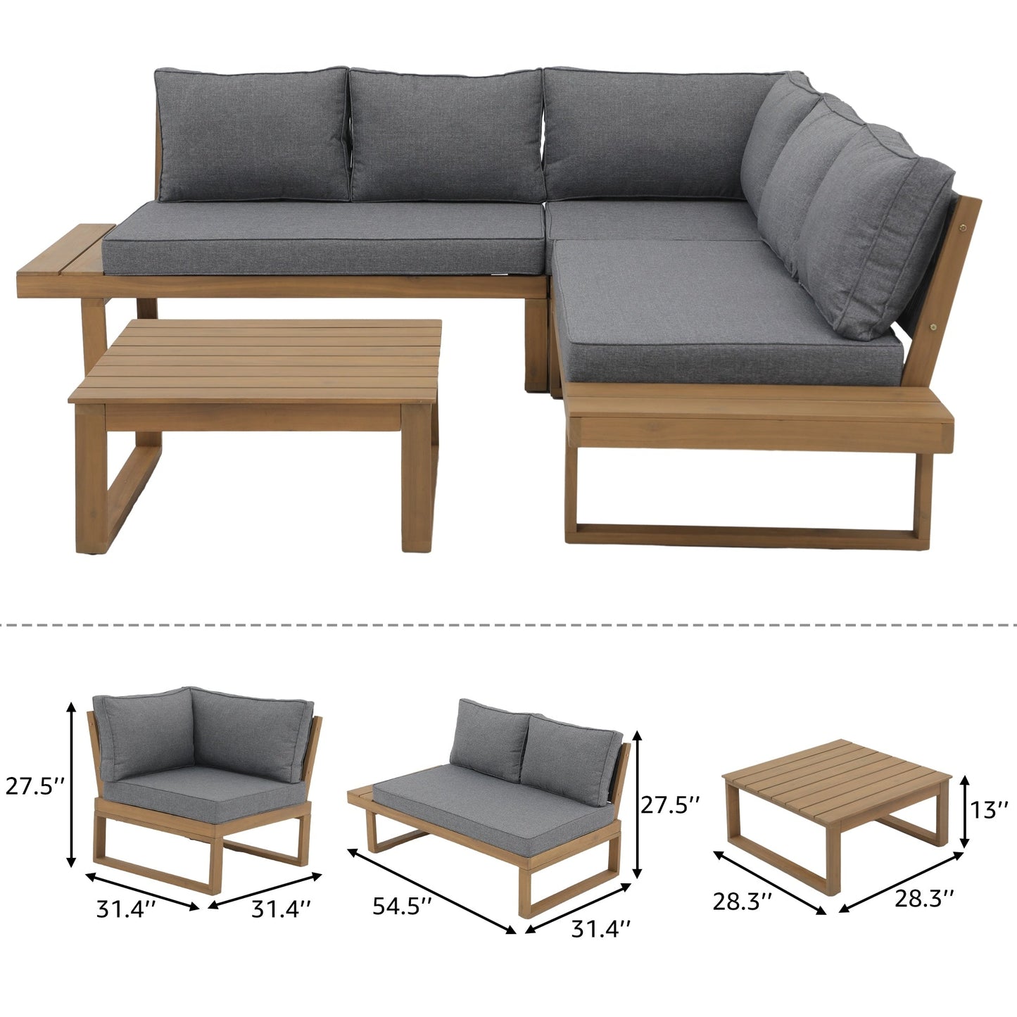 Ensemble de canapés d'extérieur sectionnels en bois d'acacia en forme de V, 4 pièces