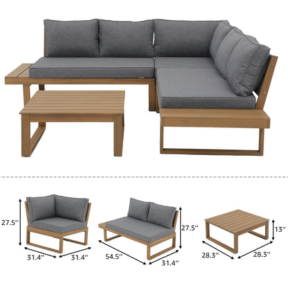 Ensemble de canapés d'extérieur sectionnels en bois d'acacia en forme de V, 4 pièces