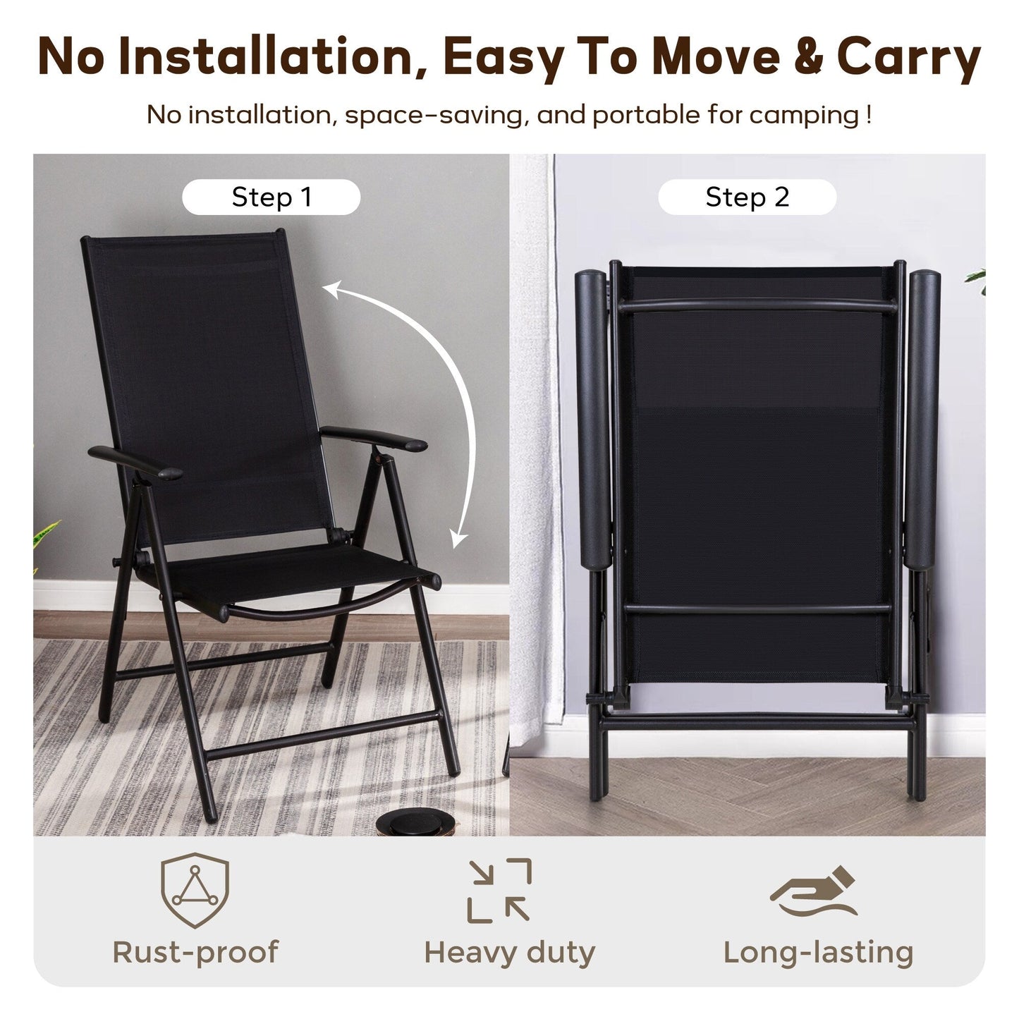 Ensemble de salle à manger d'extérieur 5/7 pièces, chaise pliante inclinable à 7 positions et table en acier avec revêtement électrolytique