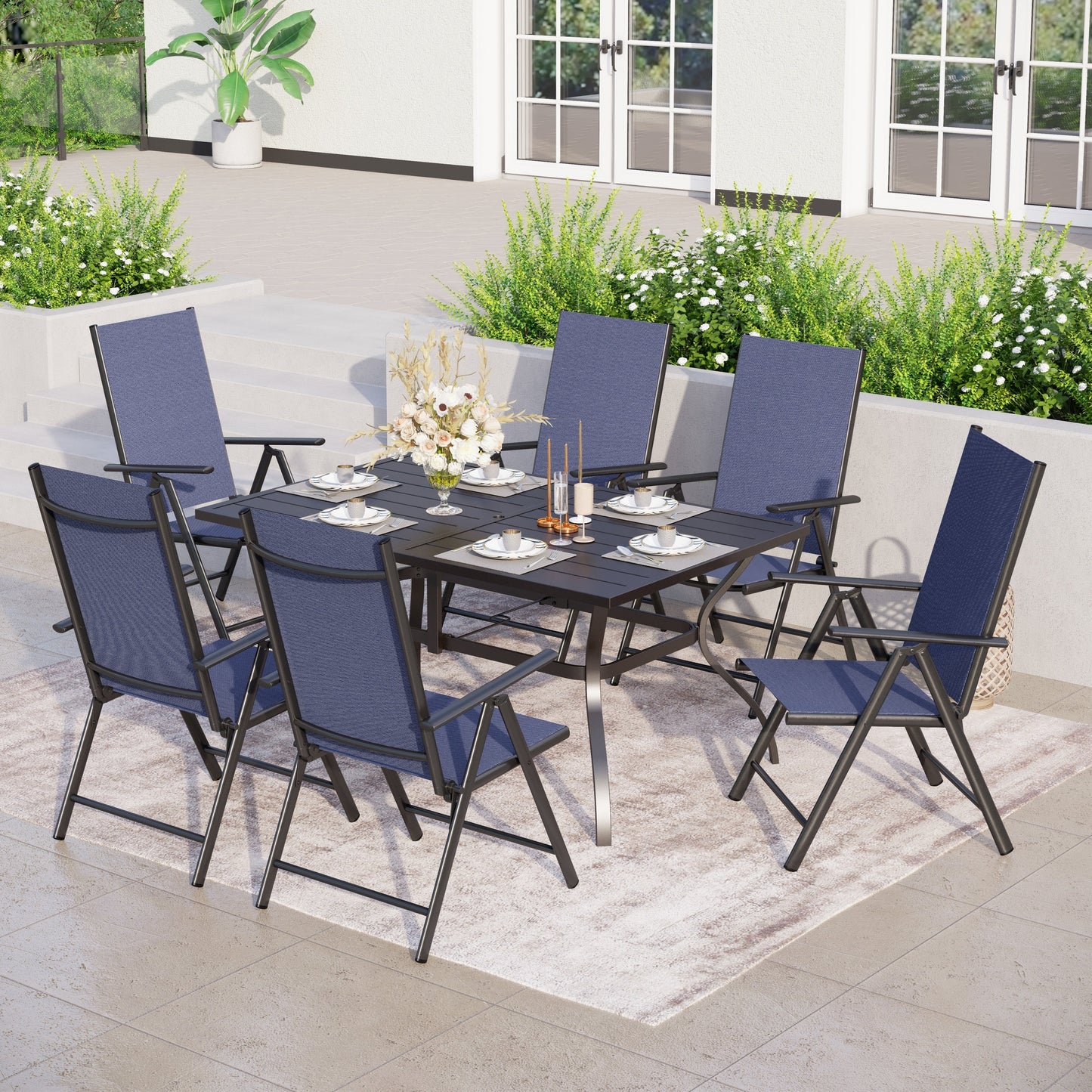 Ensemble de salle à manger d'extérieur 5/7 pièces, chaise pliante inclinable à 7 positions et table en acier avec revêtement électrolytique