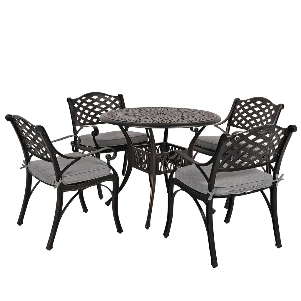 Ensemble de salle à manger d'extérieur 5 pièces en fonte d'aluminium avec trou pour parasol de 5 cm et coussins