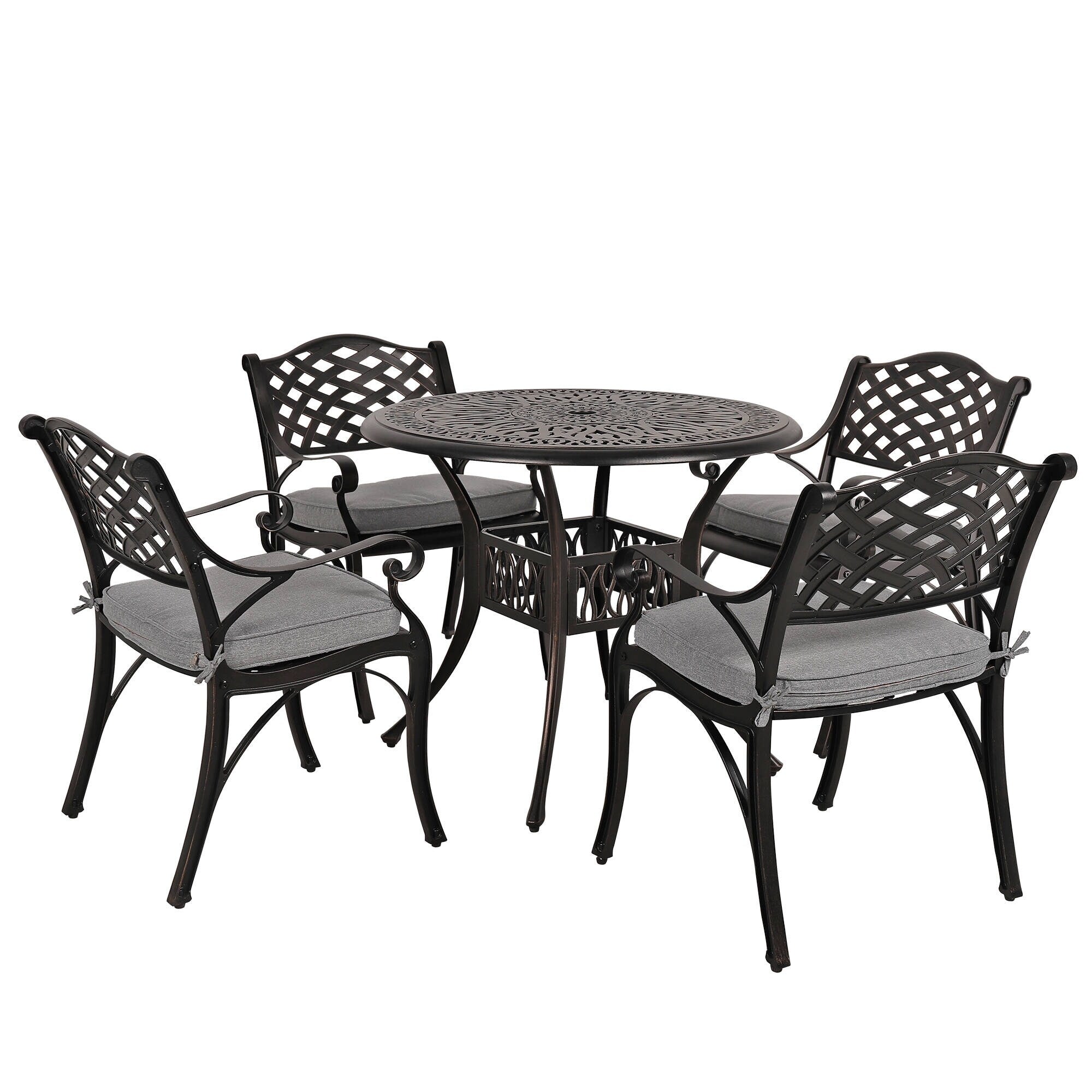 Ensemble de salle à manger d'extérieur 5 pièces en fonte d'aluminium avec trou pour parasol de 5 cm et coussins