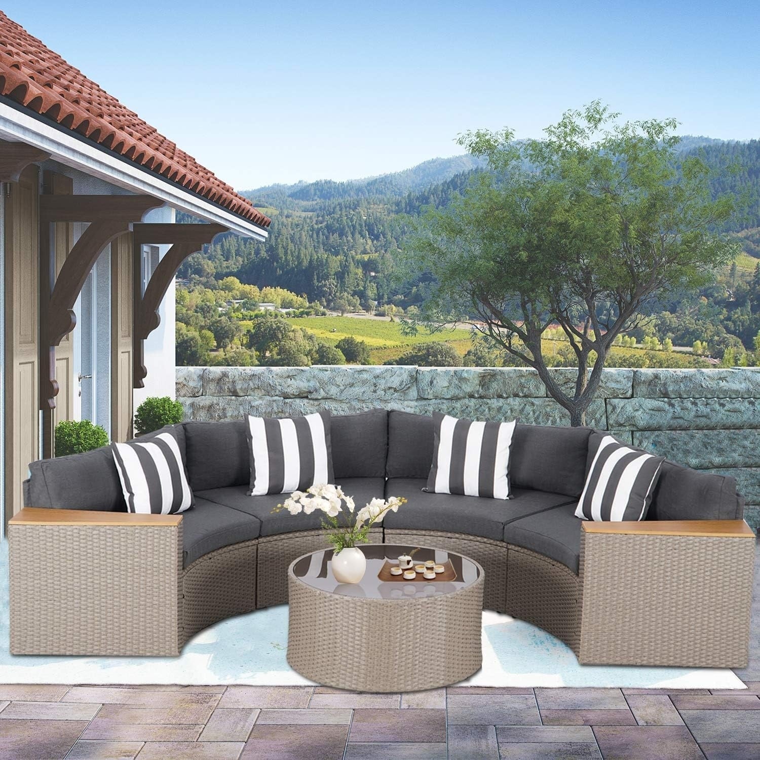 Ensemble de 5 canapés sectionnels incurvés en demi-lune et demi-rond en rotin et osier pour meubles de patio extérieur
