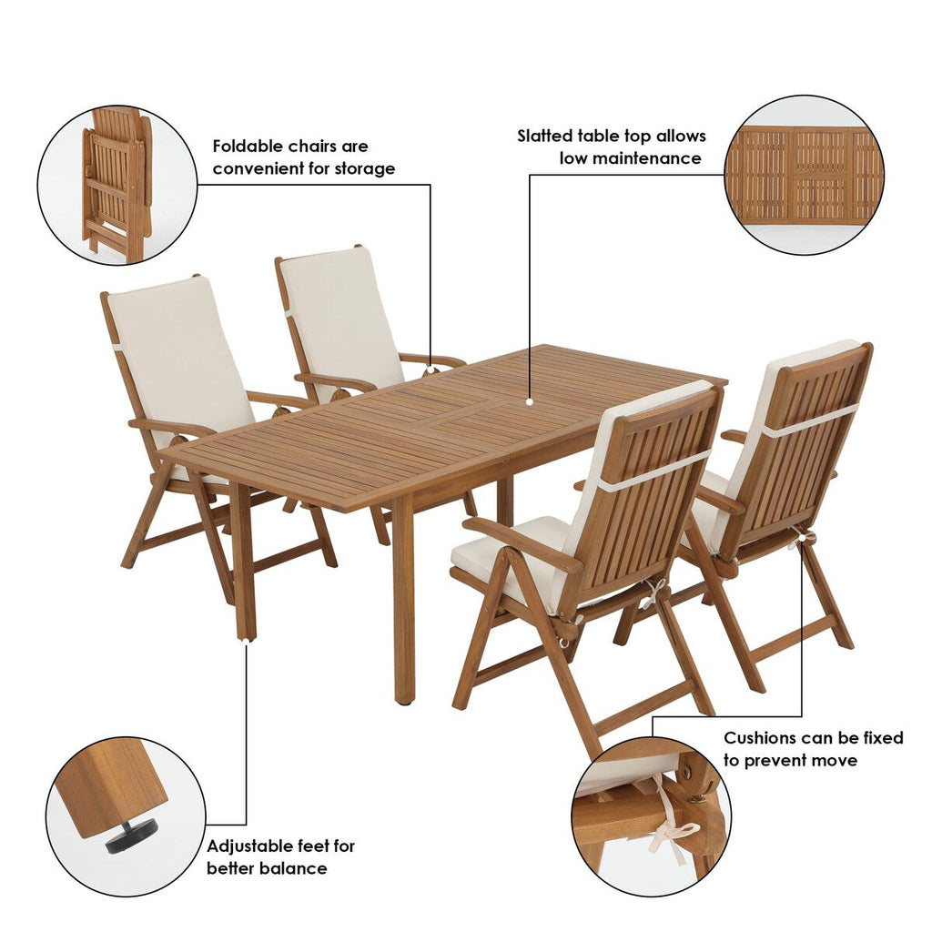Ensemble de salle à manger d'extérieur 5 pièces en bois d'acacia avec table extensible