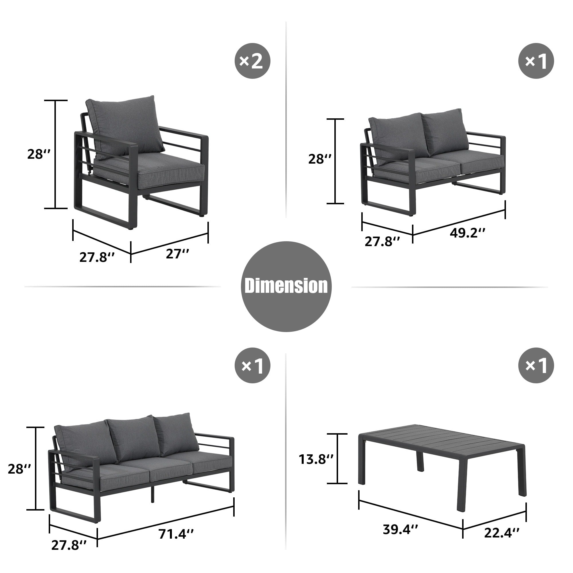 Ensemble de canapés d'extérieur 5 pièces en aluminium avec coussin