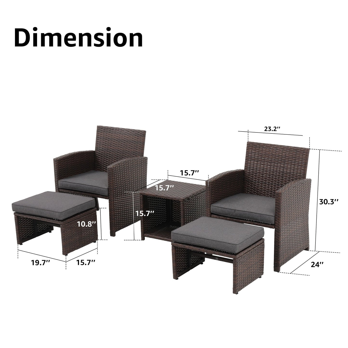Ensemble de conversation d'extérieur 5 pièces en rotin marron