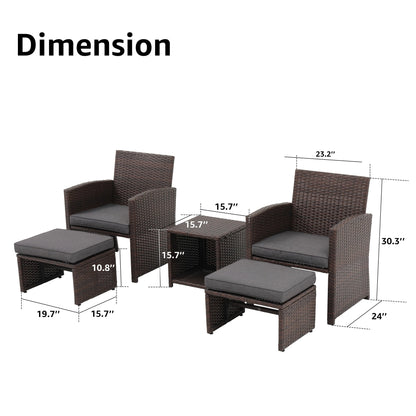 Ensemble de conversation d'extérieur 5 pièces en rotin marron