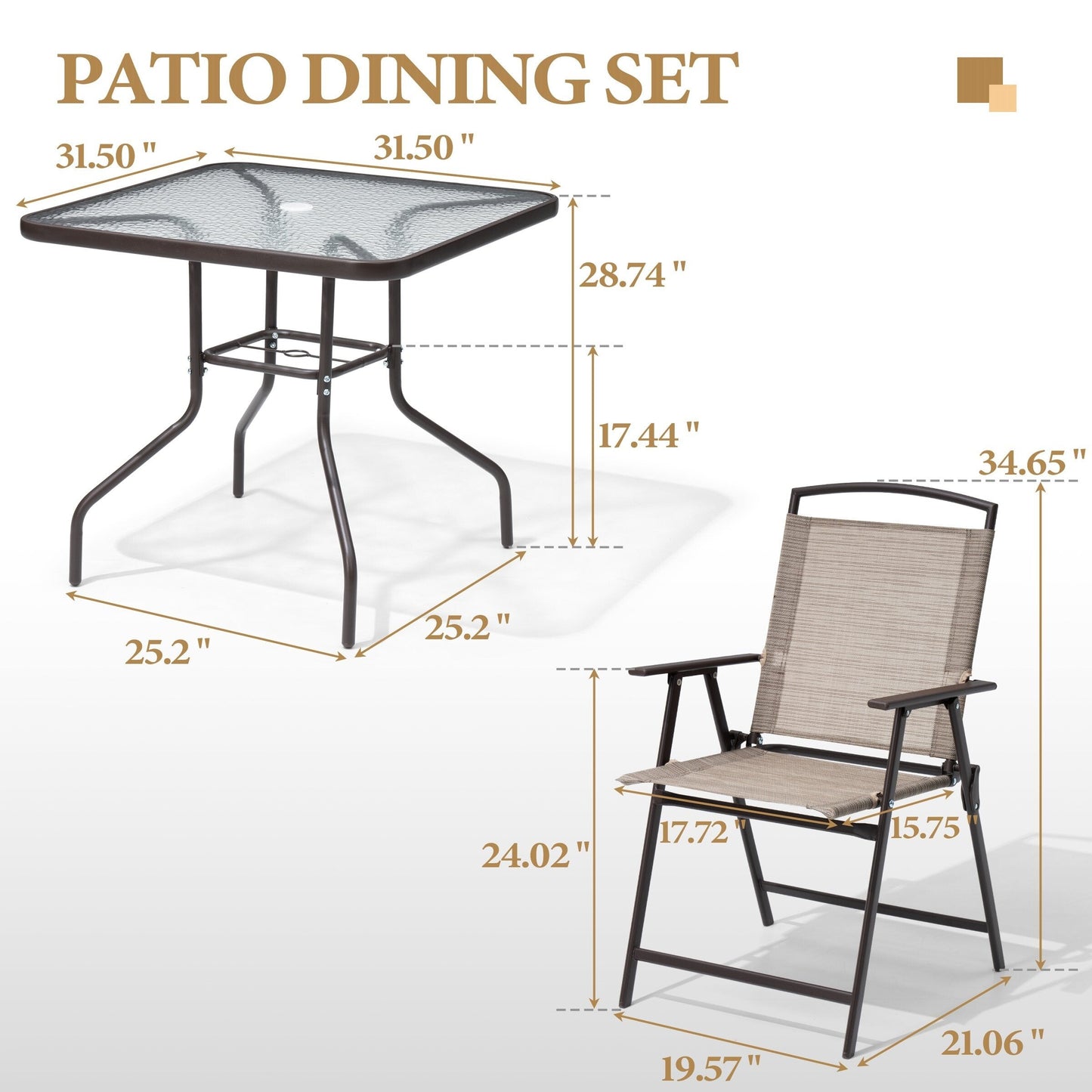 Ensemble de salle à manger d'extérieur 5 pièces avec chaises pliantes et table en verre avec trou pour parasol - Voir les spécifications