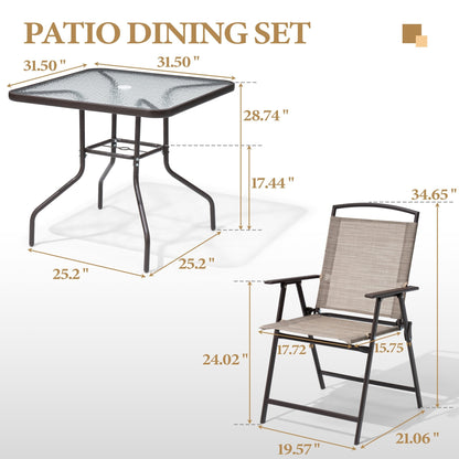 Ensemble de salle à manger d'extérieur 5 pièces avec chaises pliantes et table en verre avec trou pour parasol - Voir les spécifications