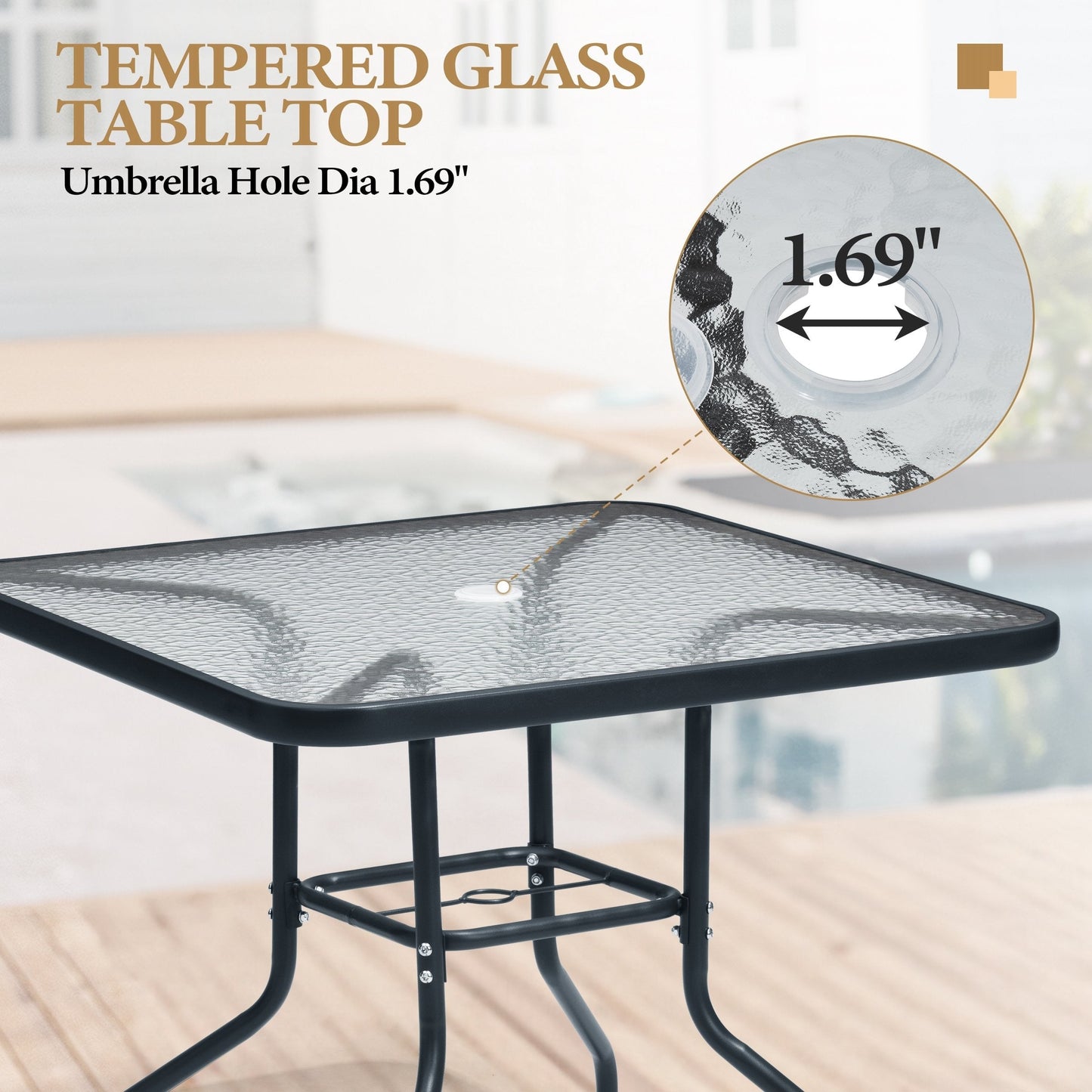 Ensemble de salle à manger d'extérieur 5 pièces avec chaises pliantes et table en verre avec trou pour parasol - Voir les spécifications