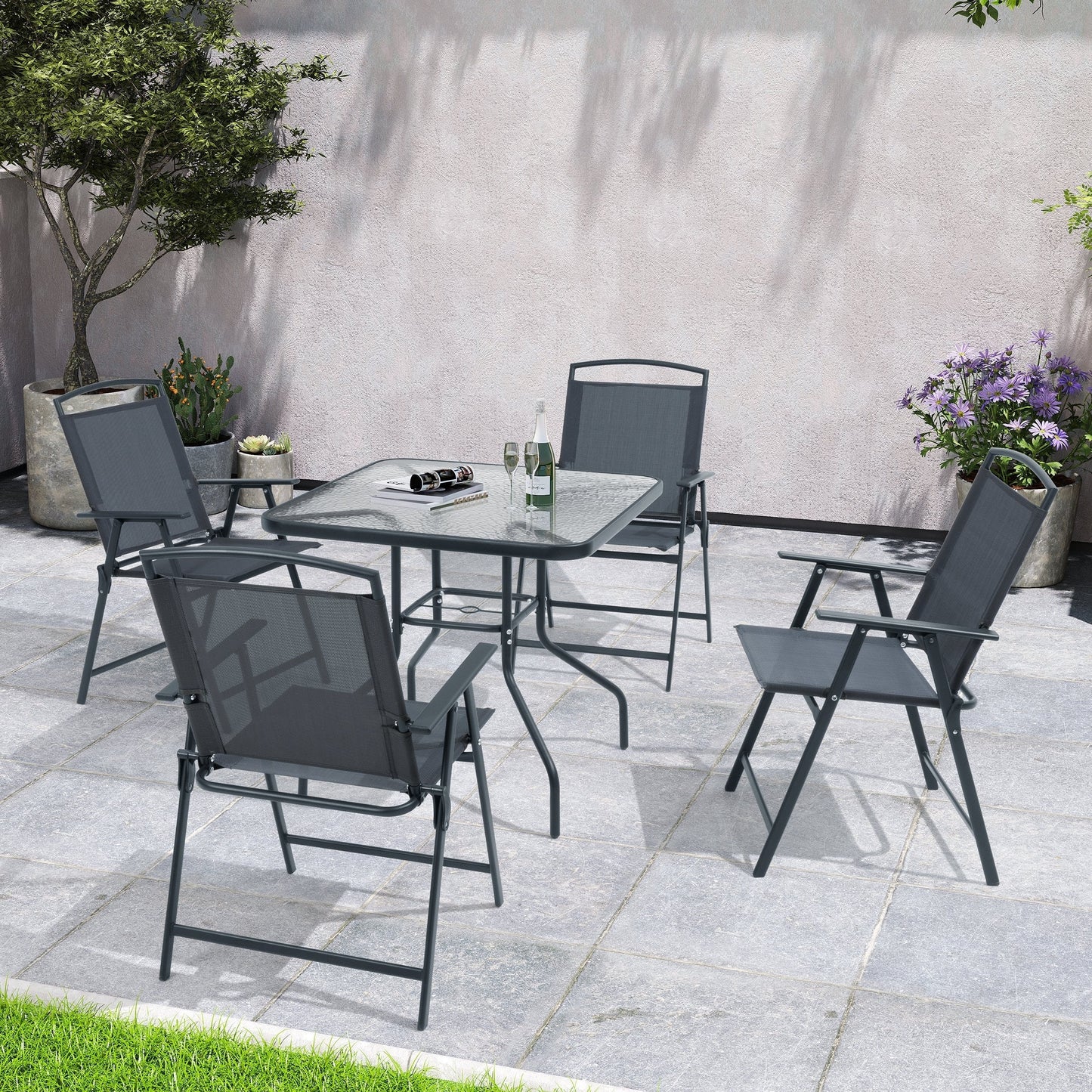 Ensemble de salle à manger d'extérieur 5 pièces avec chaises pliantes et table en verre avec trou pour parasol - Voir les spécifications
