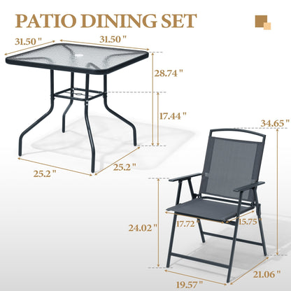 Ensemble de salle à manger d'extérieur 5 pièces avec chaises pliantes et table en verre avec trou pour parasol - Voir les spécifications