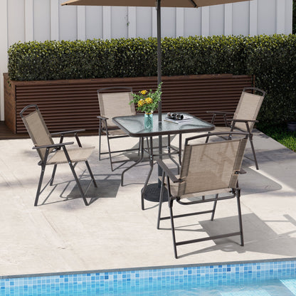 Ensemble de salle à manger d'extérieur 5 pièces avec chaises pliantes et table en verre avec trou pour parasol - Voir les spécifications