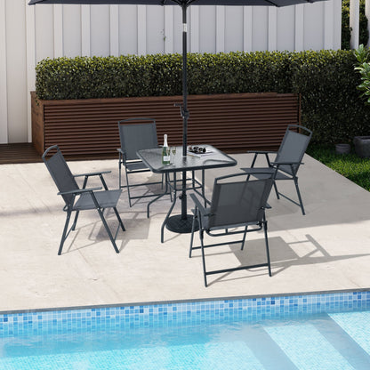 Ensemble de salle à manger d'extérieur 5 pièces avec chaises pliantes et table en verre avec trou pour parasol - Voir les spécifications