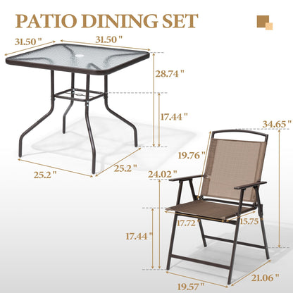 Ensemble de salle à manger d'extérieur 5 pièces avec chaises pliantes et table en verre avec trou pour parasol - Voir les spécifications
