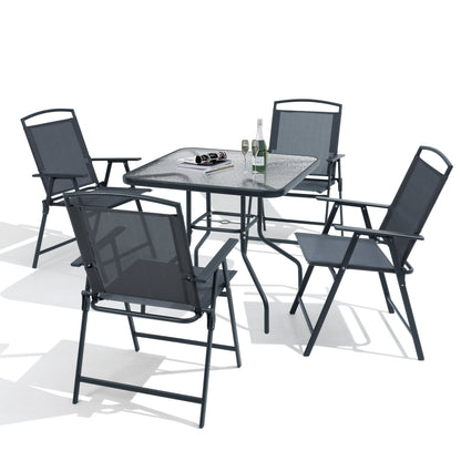 Ensemble de salle à manger d'extérieur 5 pièces avec chaises pliantes et table en verre avec trou pour parasol - Voir les spécifications