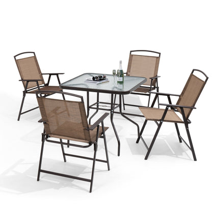 Ensemble de salle à manger d'extérieur 5 pièces avec chaises pliantes et table en verre avec trou pour parasol - Voir les spécifications