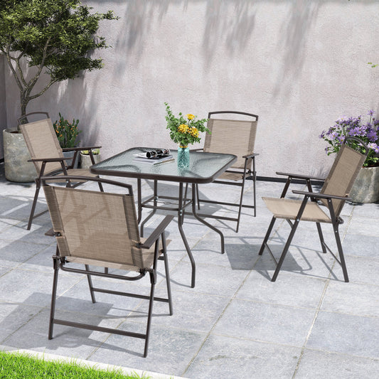 Ensemble de salle à manger d'extérieur 5 pièces avec chaises pliantes et table en verre avec trou pour parasol - Voir les spécifications