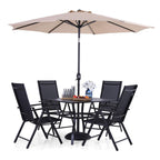 Ensemble de salle à manger d'extérieur 6 pièces MAISON ARTS, 1 table carrée en métal, 4 chaises pliantes réglables et un parasol de 9 pieds