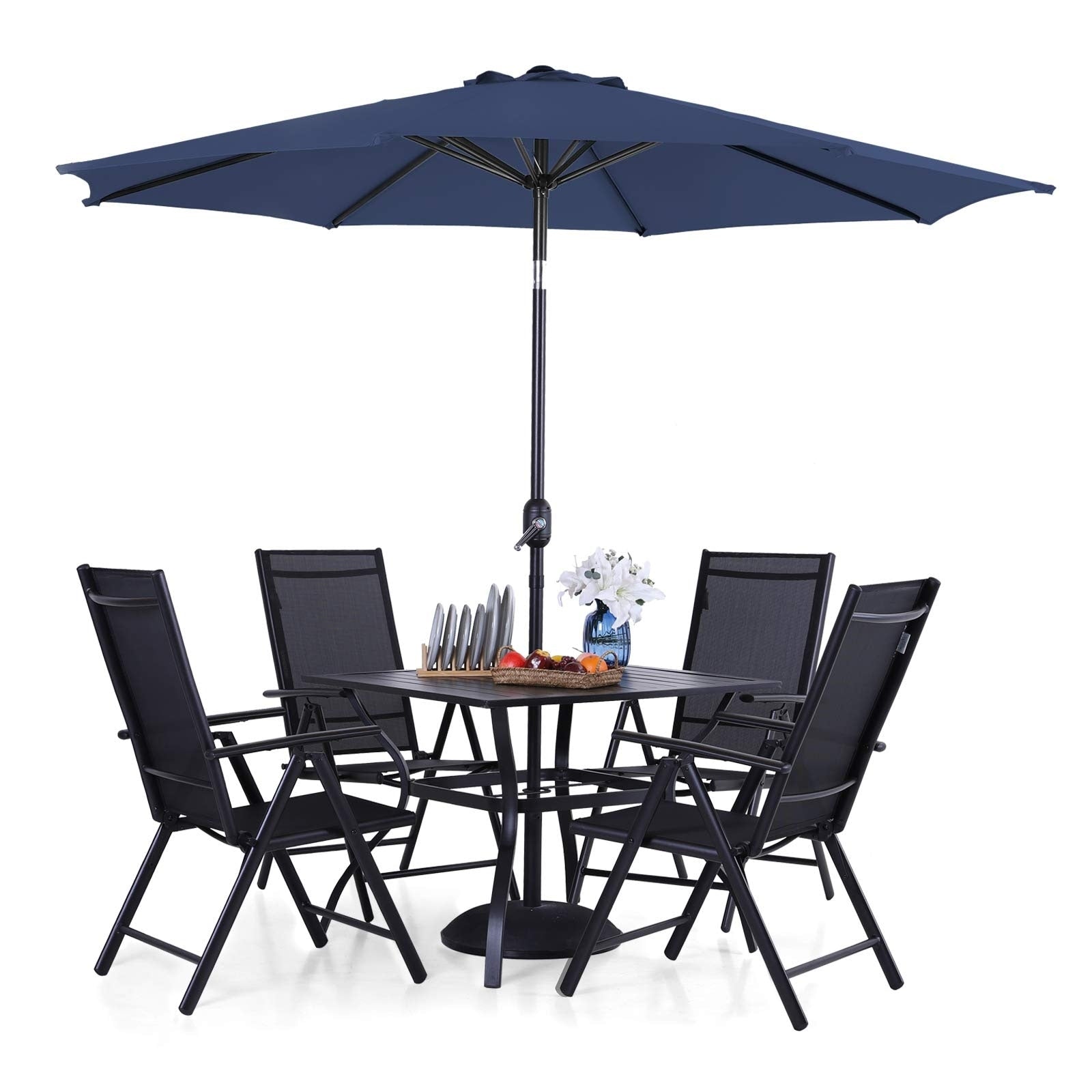 Ensemble de salle à manger d'extérieur 6 pièces MAISON ARTS, 1 table carrée en métal, 4 chaises pliantes réglables et un parasol de 9 pieds