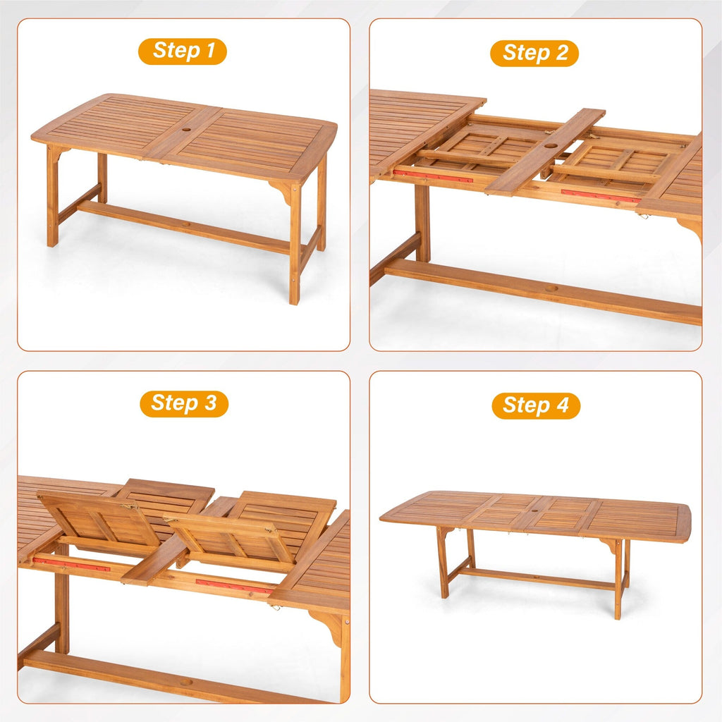 Ensemble de salle à manger d'extérieur en bois d'acacia massif MAISON ARTS 7/9 pièces, table extensible et chaises en bois 6/8