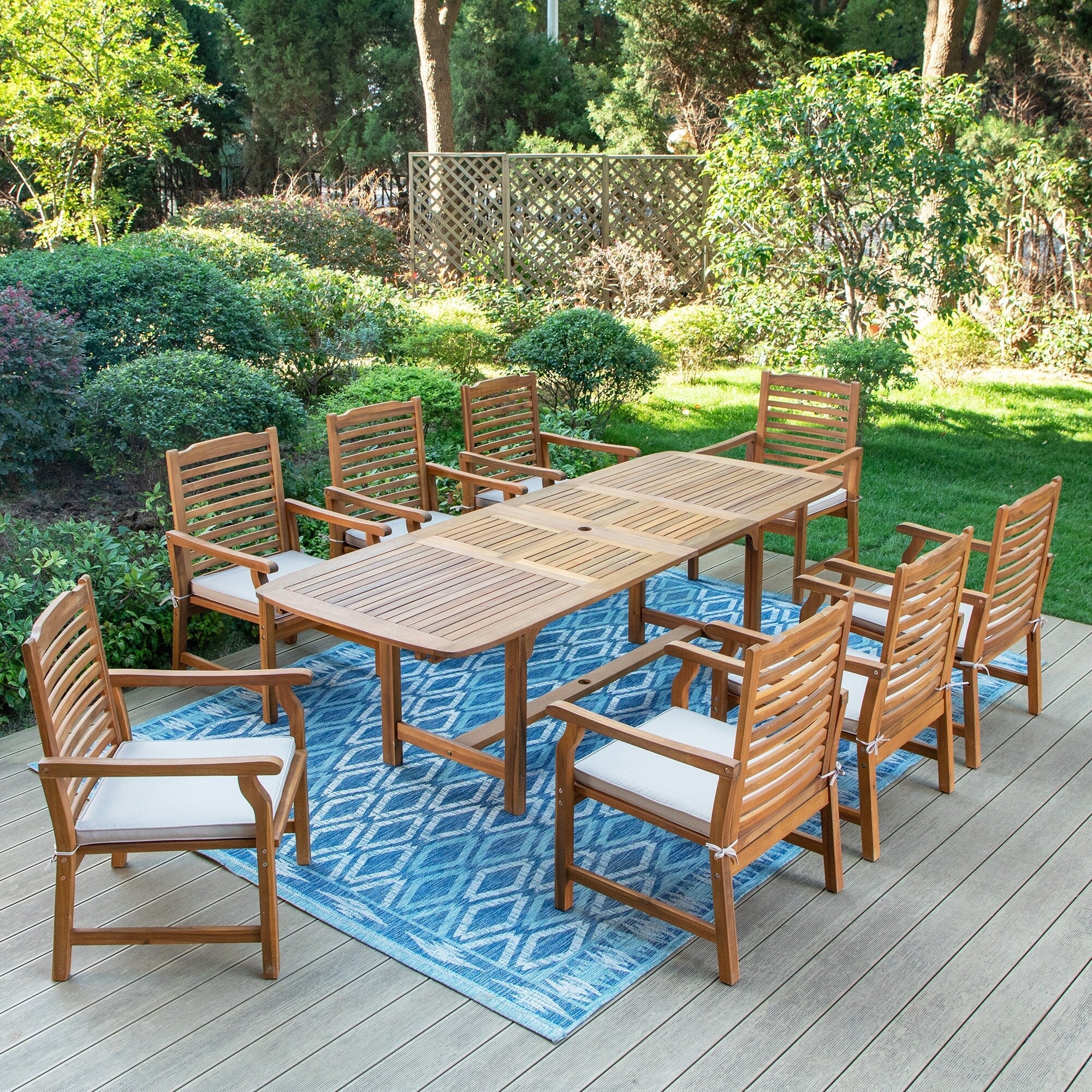 Ensemble de salle à manger d'extérieur en bois d'acacia massif MAISON ARTS 7/9 pièces, table extensible et chaises en bois 6/8