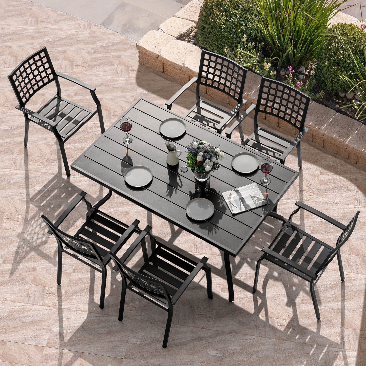Ensemble de salle à manger d'extérieur 7 pièces avec trou pour parasol de 4 cm, structure en fer, noir