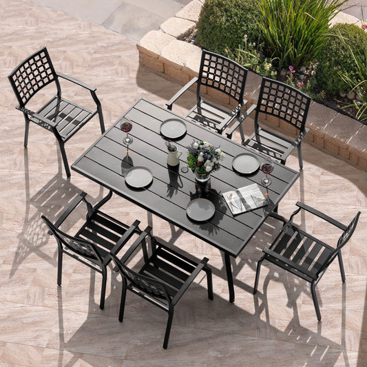 Ensemble de salle à manger d'extérieur 7 pièces avec trou pour parasol de 4 cm, structure en fer, noir
