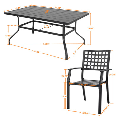 Ensemble de salle à manger d'extérieur 7 pièces avec trou pour parasol de 4 cm, structure en fer, noir