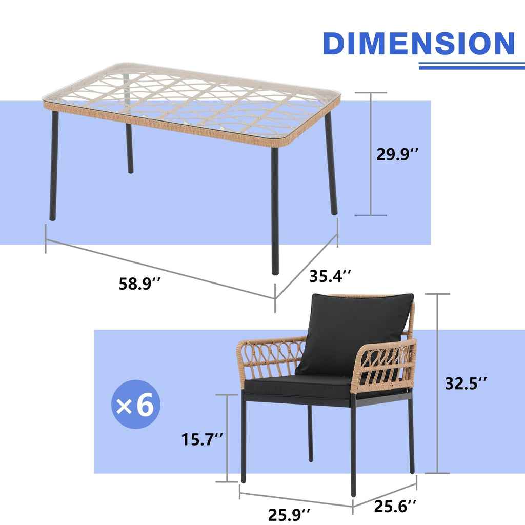 Ensemble de salle à manger d'extérieur en osier 7 pièces avec coussin