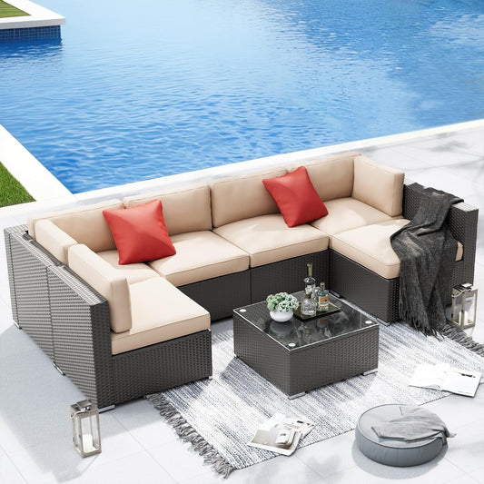 Ensemble de canapés sectionnels rembourrés en rotin et osier noir pour patio extérieur 7 pièces par Havenside Home
