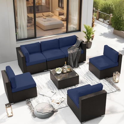 Ensemble de canapés sectionnels rembourrés en rotin et osier noir pour patio extérieur 7 pièces par Havenside Home