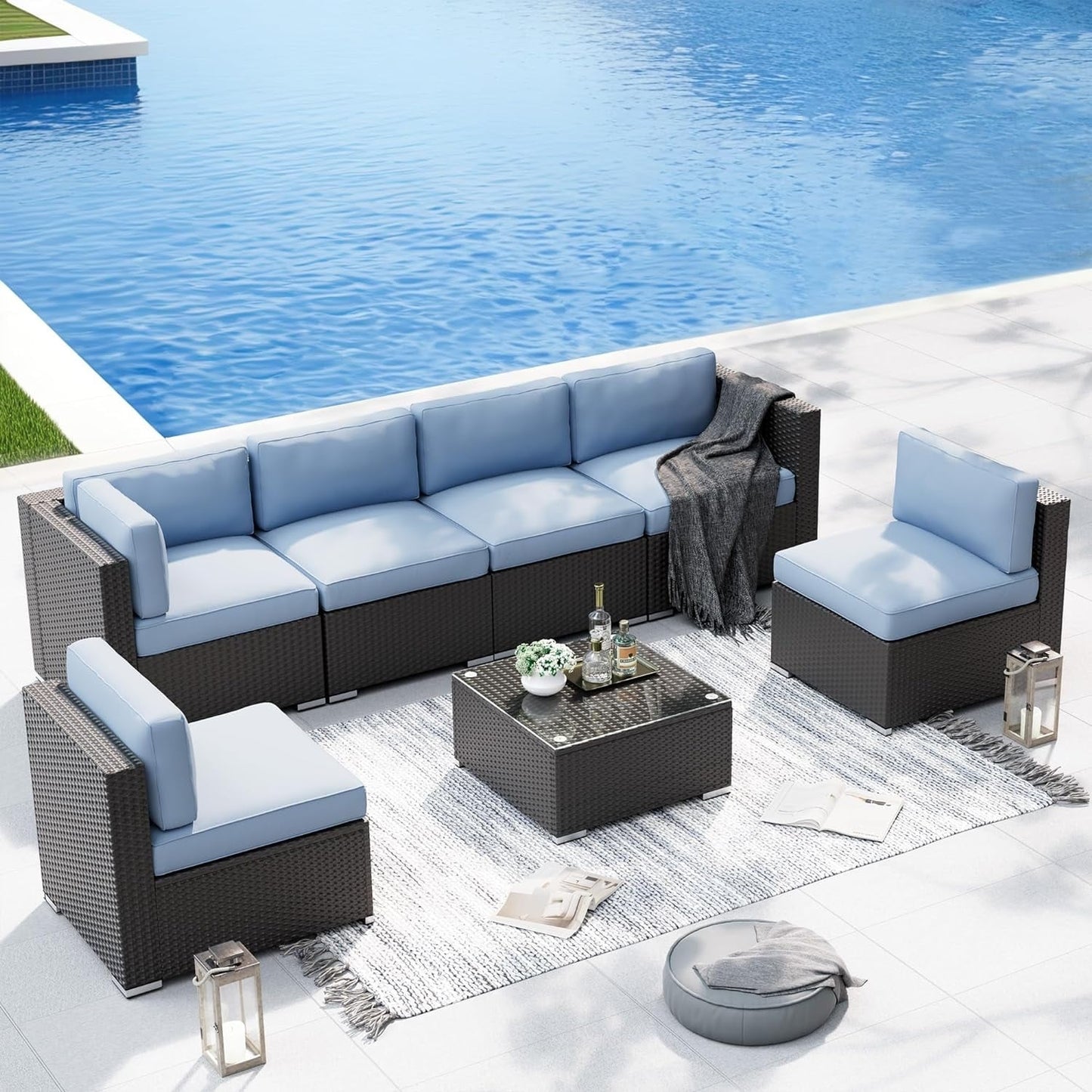 Ensemble de canapés sectionnels rembourrés en rotin et osier noir pour patio extérieur 7 pièces par Havenside Home