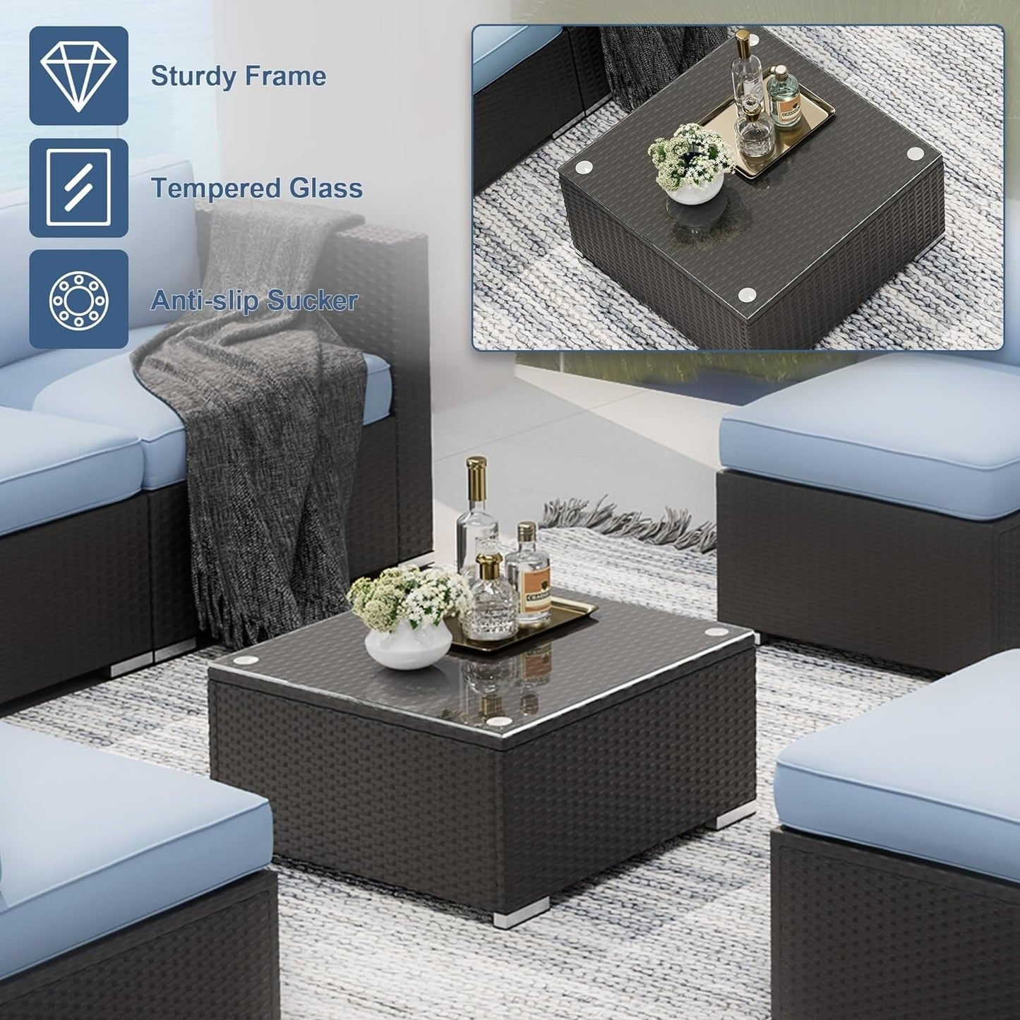 Ensemble de canapés sectionnels rembourrés en rotin et osier noir pour patio extérieur 7 pièces par Havenside Home