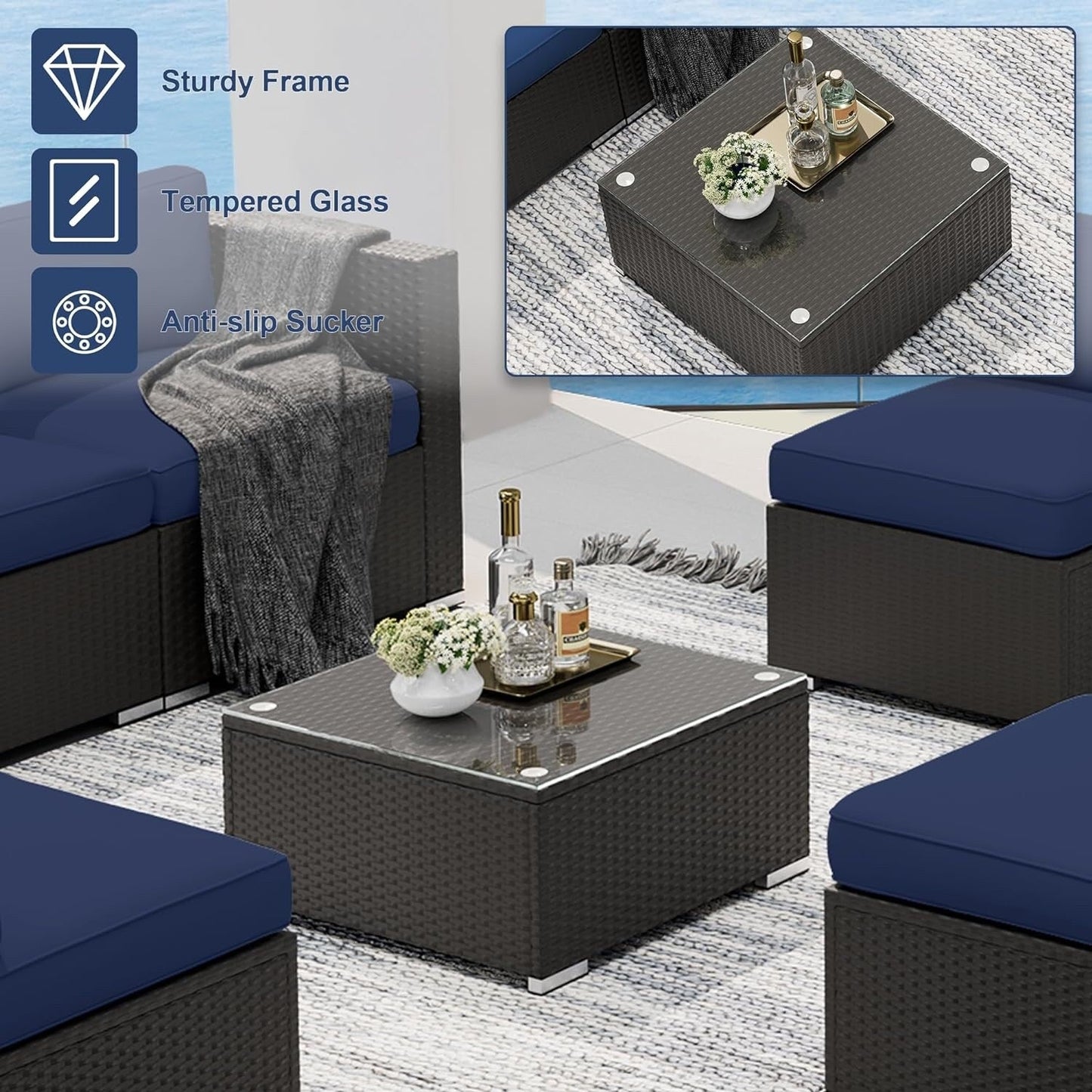 Ensemble de canapés sectionnels rembourrés en rotin et osier noir pour patio extérieur 7 pièces par Havenside Home