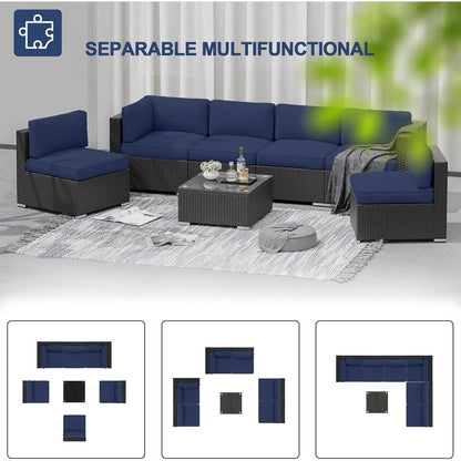 Ensemble de canapés sectionnels rembourrés en rotin et osier noir pour patio extérieur 7 pièces par Havenside Home