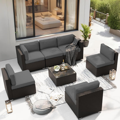 Ensemble de canapés sectionnels rembourrés en rotin et osier noir pour patio extérieur 7 pièces par Havenside Home